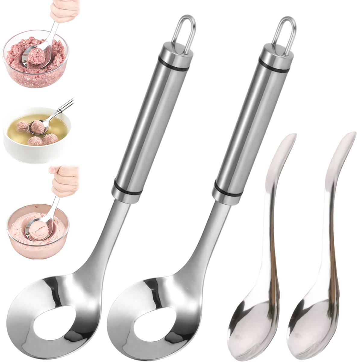 Namajunas - Gehaktballen maker - RVS Gehaktballetjesschep - 2 sets - Gehaktballepels met gat - Tafellepels - Lange steel lepel voor keuken en bar - Keukengerei - Meatballs - Keukenaccessoires