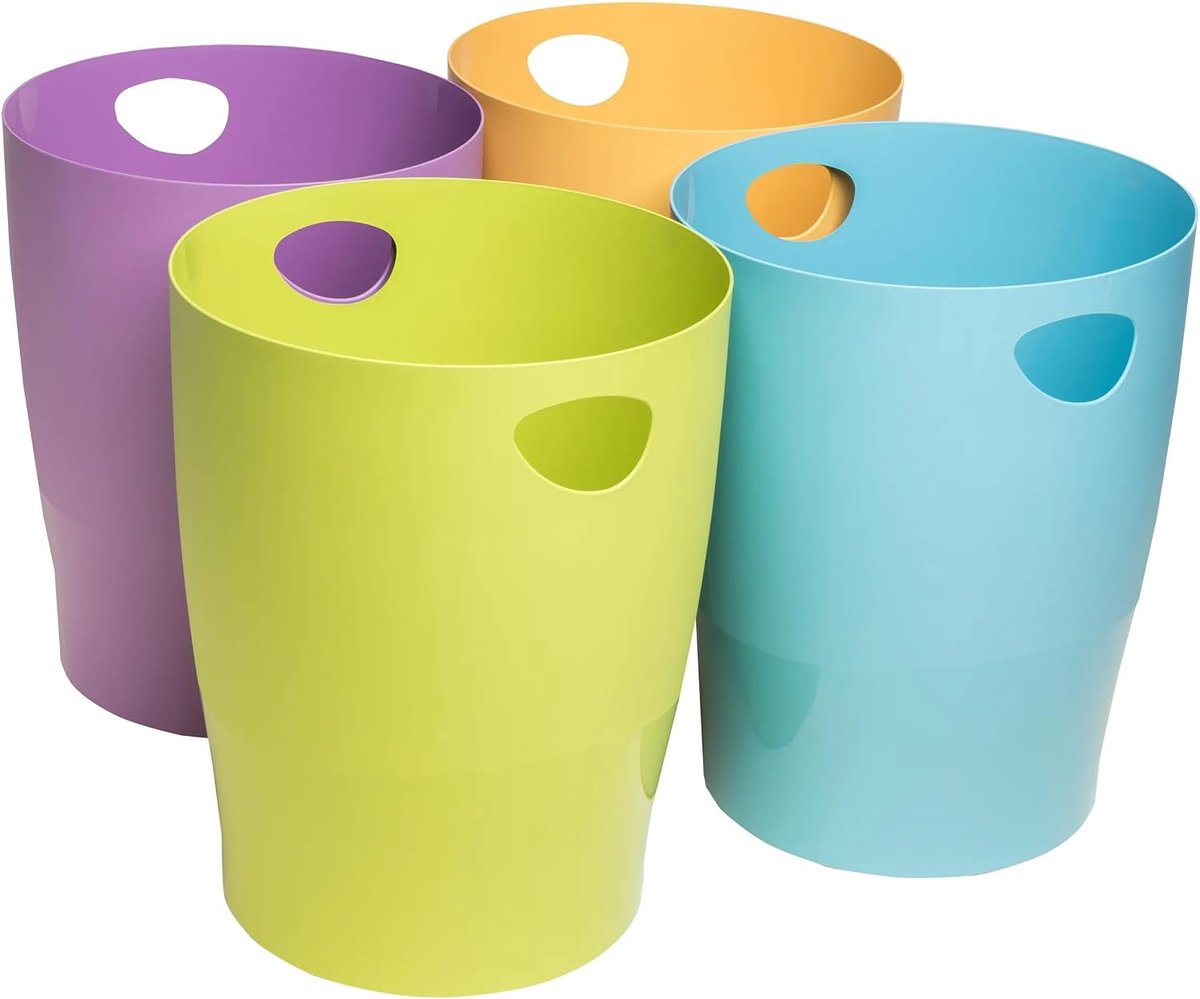 Prullenbak met handgrepen, 15 liter, vierkant, 26,3 x 26,3 x 33,5 cm, voor kantoor en thuis, kleurrijk en milieuvriendelijk