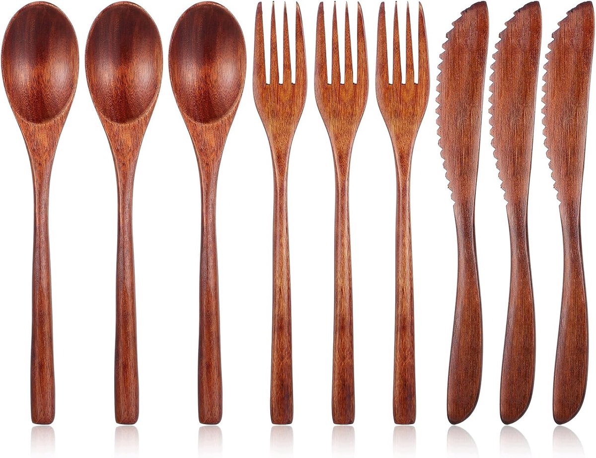 9-delig Nanmu Houten Bestek Set: Lepels, Vorken & Schrapers