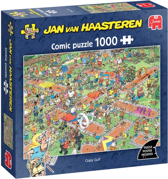 Boîte du puzzle Jan van Haasteren 1000 pièces : "Crazy Golf". Le puzzle représente un parcours de minigolf animé avec de nombreux personnages et obstacles humoristiques.