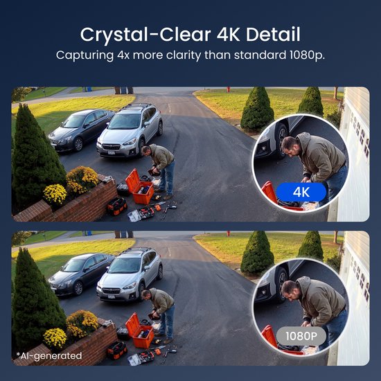 Vergelijking van Reolink beveiligingscamera beeldkwaliteit: 4K Ultra HD versus 1080p. Zwarte camera met lens en detectielampjes.