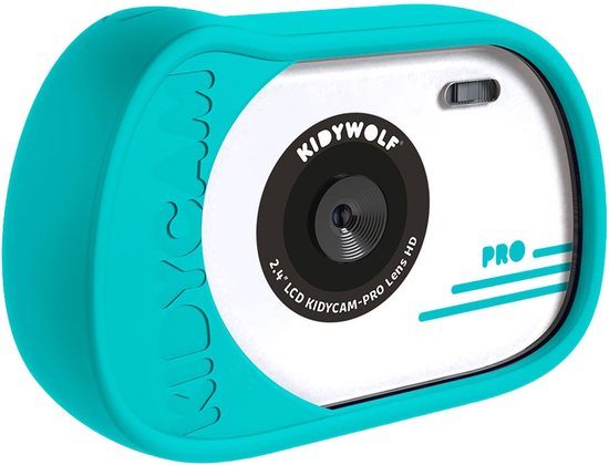 Turquoise Kidywolf kindercamera met witte voorkant, grote zwarte lens en 'PRO' opdruk.