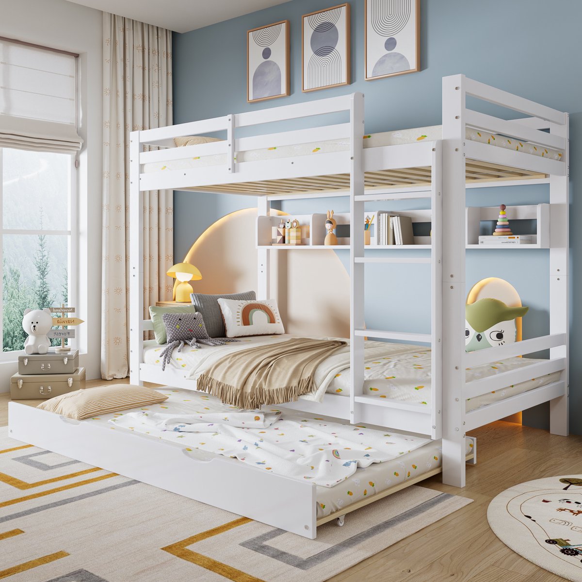 REDOM - Bedframe - Stapelbed met uitrolbed en opbergrekken - Vierstaps ladder - Lattenbodem - Kinderkamer - Hout en MDF - Wit - 205 x 95 x 150 cm