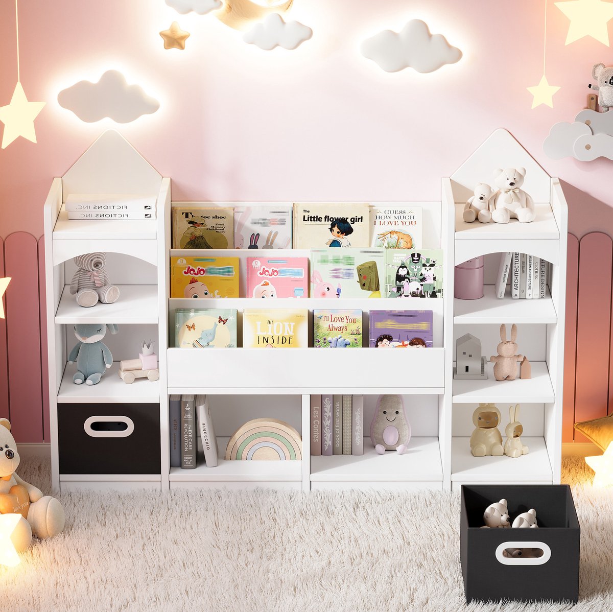 MODFU - Kinderboekenkast - Wit - 2 Opvouwbare Opbergboxen - 130 X 30 X 90 Cm