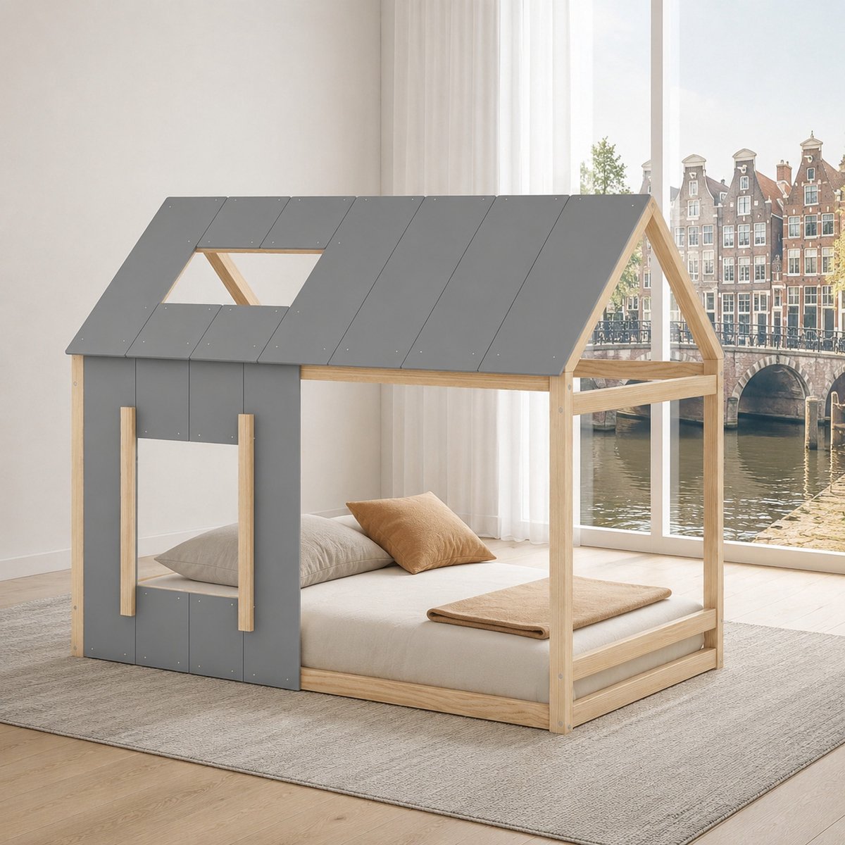WUVRIE Huisbed 90x200 cm met dak en raam, houten kinderbed in naturel en grijs