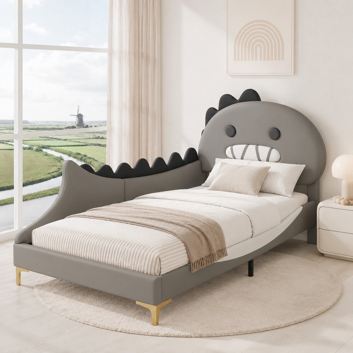 WUVRIE Kinderbed 90x200 cm dinosaurusvorm met lattenbodem, PU en MDF, grijs