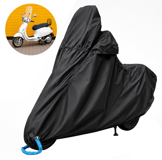 Zwarte scooterhoes op een witte scooter met geel vlak.