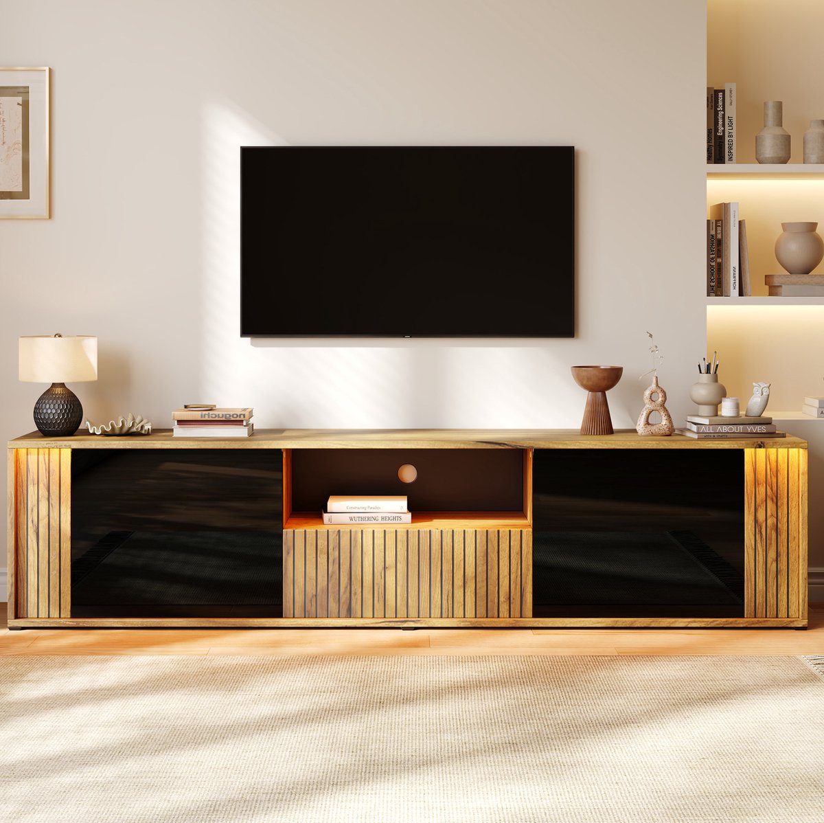 REDOM - TV-meubel - 2 deuren en 1 lade - Open vakken - LED-verlichting met Bluetooth - Minimalistische stijl - Woonkamer en slaapkamer - MDF en spaanplaat - Zwart en natuurlijk hout - 180 x 40 x 51 cm