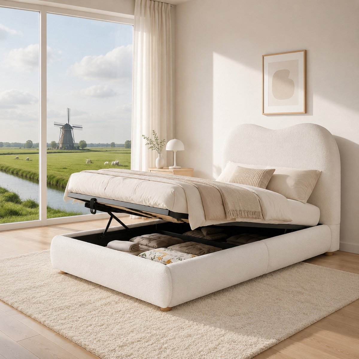 WUVRIE Opbergbed 90x200 cm met hydraulische lift, lattenbodem en bouclé bekleding, beige