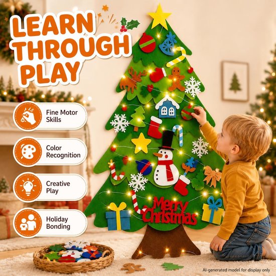Vilten Kerstboom voor Kinderen - 32 ornamenten Vilten kerstboom met 3 meter Lichtslang - Montessori Speelgoed - Mini Kerstboom - Kersthangers - DIY kerstversieringen - Kerstdecoratie — afbeelding 4