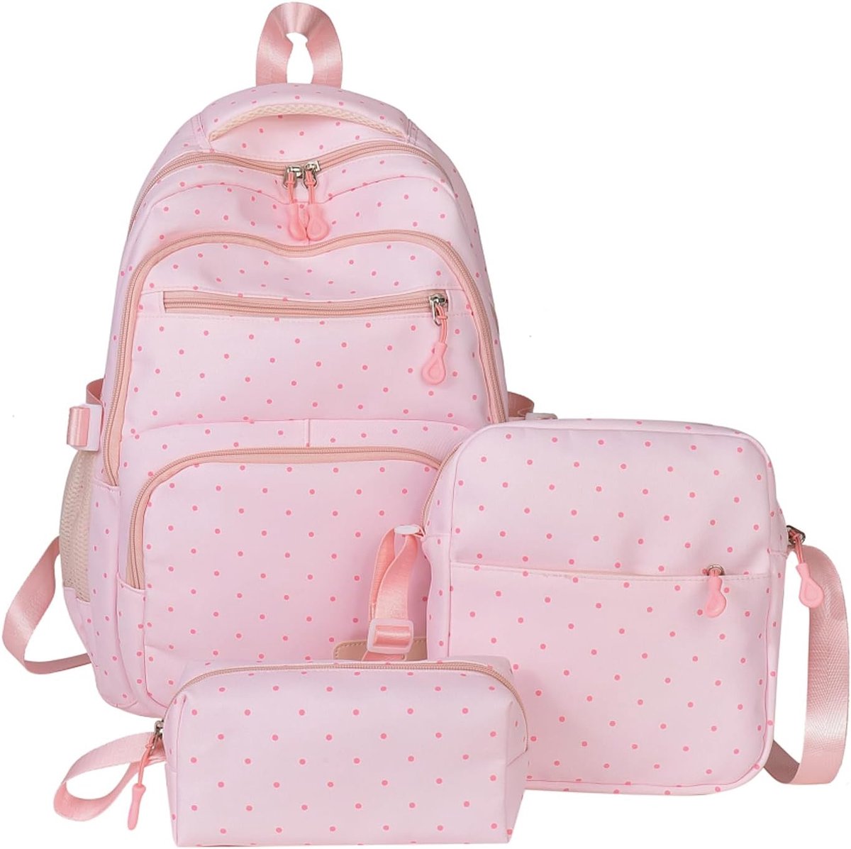 Rugzakset – 3-delig – Stippenrugzak met Schoudertas en Etui – Met Laptopvak, Voorvak en Zijvakken – Voor School, Werk en Reizen – Roze