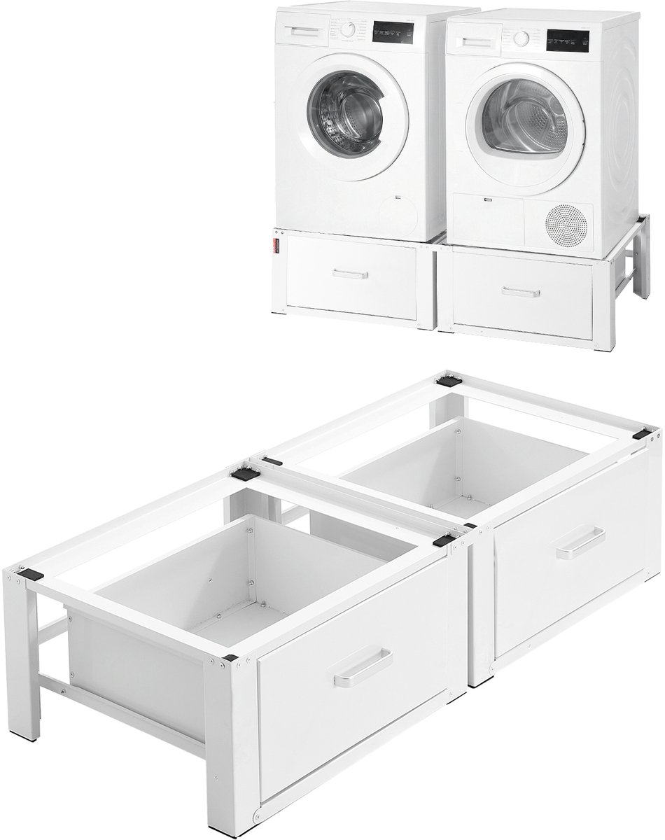 Wasmachineonderstel, 290 mm Hoog, Verhoger met Lade, Draagvermogen 150 kg, Antislipvoetjes, Stalen Onderstel voor Wasdroger, Sokkel, Universeel Compatibel, Wit, 2-Pack