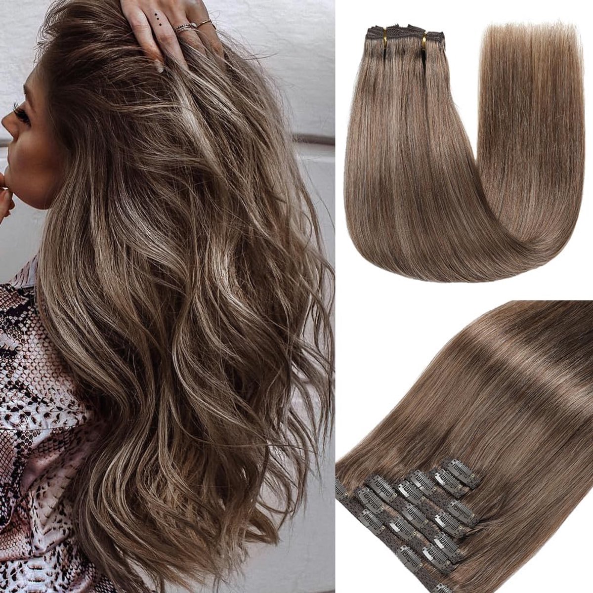 extensions van echt haar - 7 stuks, 60 cm, 120 g, onzichtbare haarclips, huidinslag (24 inch, M2/6/613#)