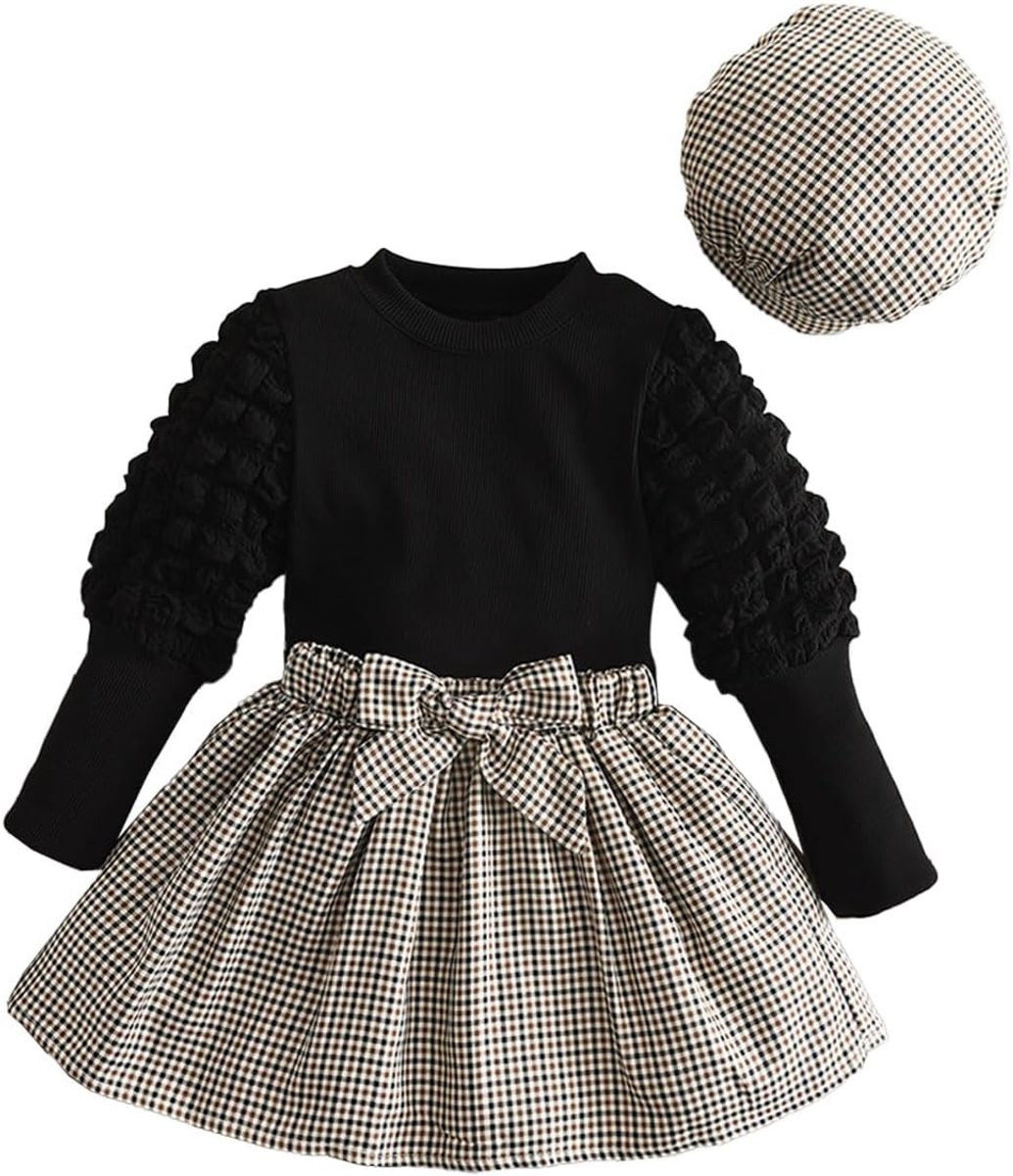 Baby Meisjes Ruit Mini Rokje, Ruit Jurk + Topje + Bijpassende Tartan bij 3PCS Set, A Lijn Prinsessen Jurk met Schattige Strikknoop, Pofmouw Tops en Hoed voor 3-7 Jaar, Zwart