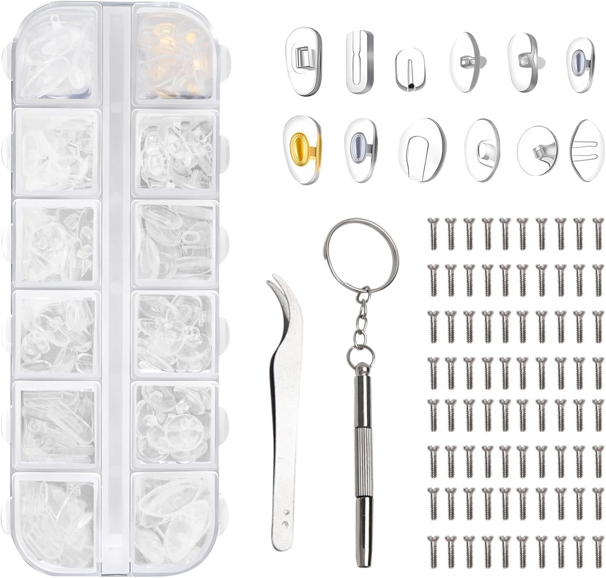 Siliconen Neuspads voor Brillen, Inclusief Schroeven, Schroevendraaier en Pincet, 12 Stijlen, 60 Paar Zachte en Antislip Neuspads voor Leesbrillen en Zonnebrillen Accessoires