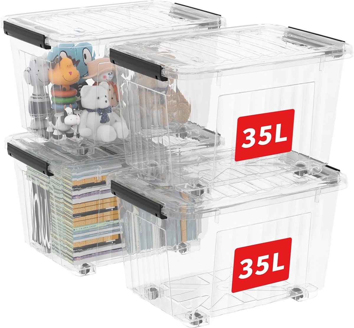 35L x 4 plastic opbergdozen met wielen, opbergdoos met deksel met veilige zijvergrendelingen, PP nestbare en stapelbare doorzichtige organizer voor thuis, kantoor, verhuizen, transparant, 35L-4