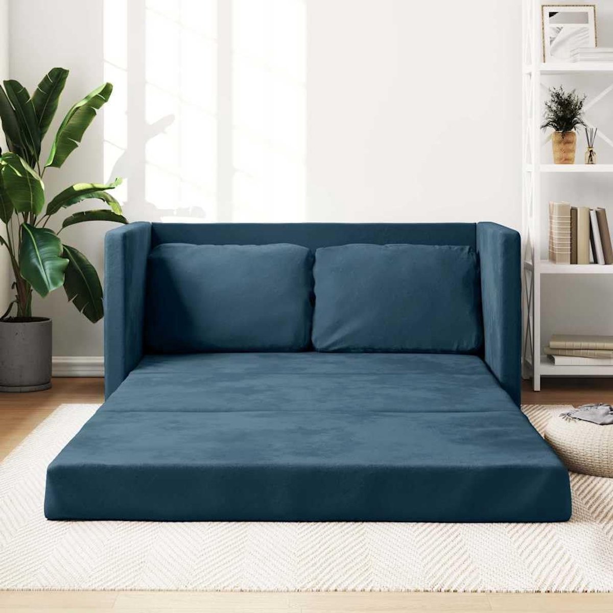 Vloerbank met slaapfunctie en fluwelen bekleding, blauw, 122 x 204 x 55 cm, als bank en bed