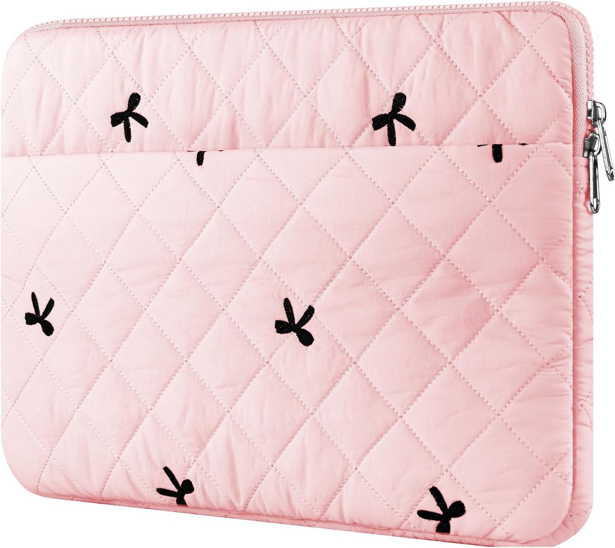Laptophoes 13-14 Inch met Voorvak, Gewatteerde Laptop Sleeve met Geborduurde Strikjes, Compatibel met 13-14 Inch Laptops, Chromebook en MacBook Pro/Air 13,3/13,6/14,2", Lichtroze