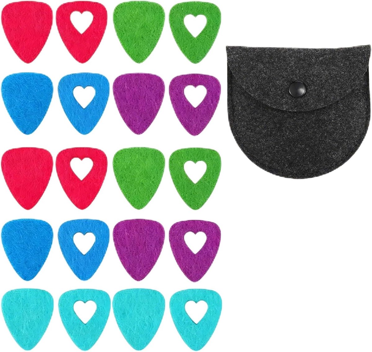 Plectrums in 2 stijlen met opbergdoos, kleurrijke vilt plectrums voor ukulele en klassieke gitaar, zachte picks voor nylon snaren, hartvorm en standaardvorm