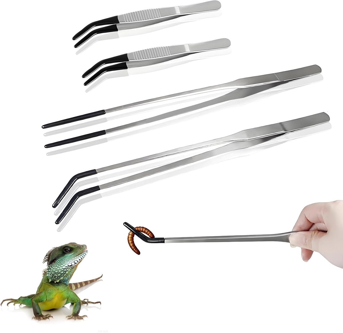 4 stuks aquariumpincetten, lange pincet, recht en gebogen roestvrij staal, terrarium, accessoires, reptielen tongs, voedertang met rubberen punt, rechte voederpincet voor reptielen, waterplant