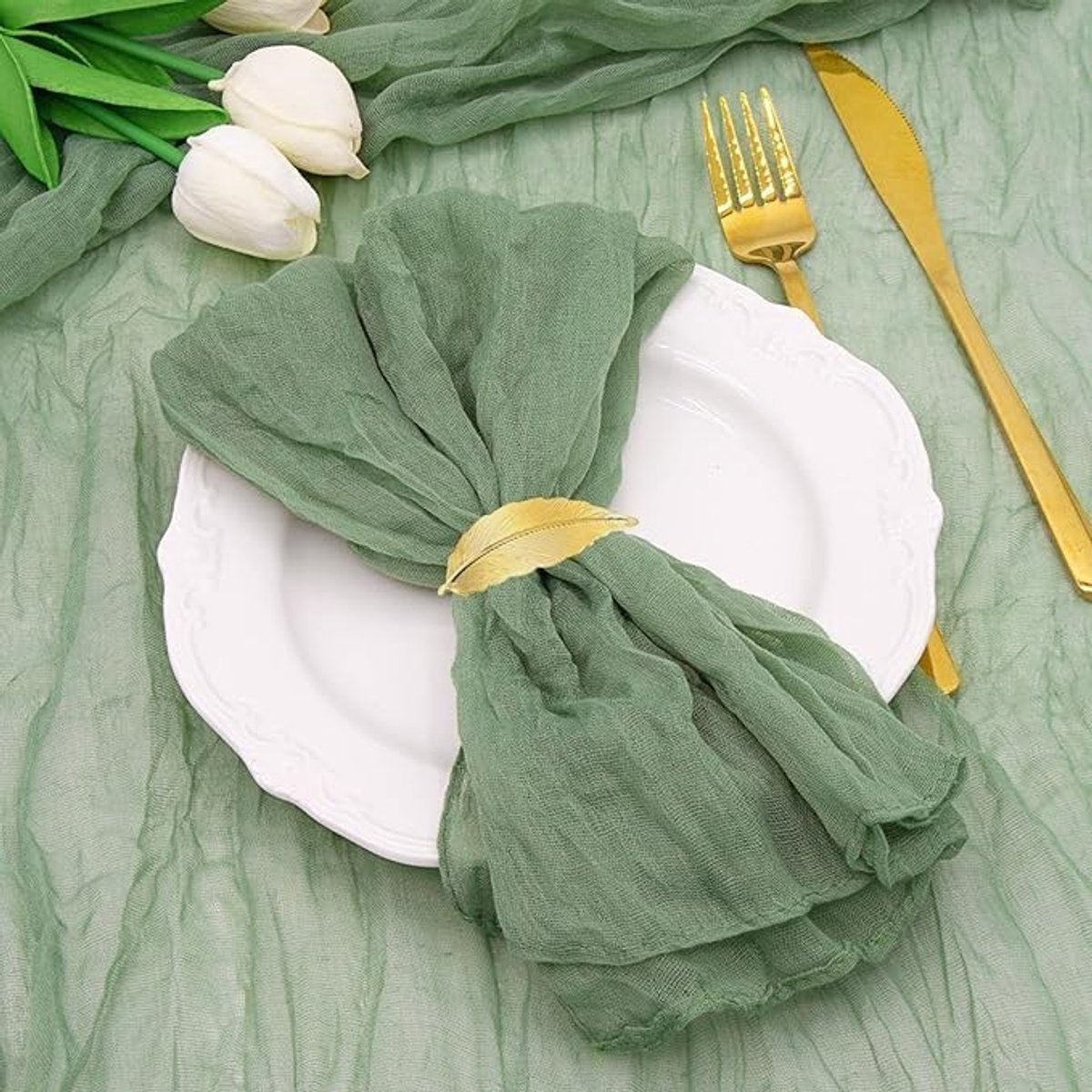 Livatto 12 stuks saliegroene gaasdoek servetten 50x50 cm – Boho mousseline tafelservetten voor bruiloft, feest en dagelijks gebruik