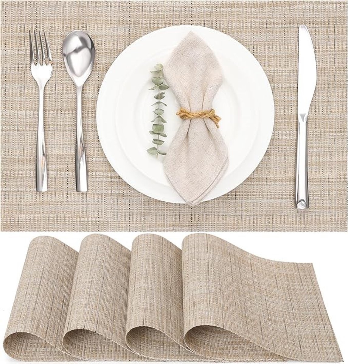 Livatto Placemats Set van 4 – Geweven Vinyl Onderleggers, Wasbaar en Hittebestendig, Beige