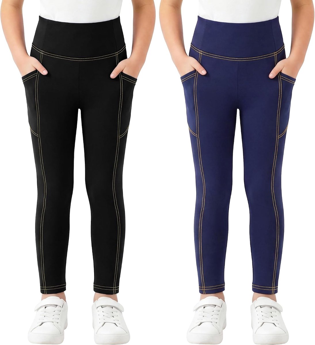 Leggings Voor Meisjes 2-Pack Jeanslook Stretchbroek Met Zakken Lange Denim-Effect Legging Elastisch Jeggings Hoge Taille Voor Dagelijks Gebruik School En Buiten Voor Kinderen Maten 116-164