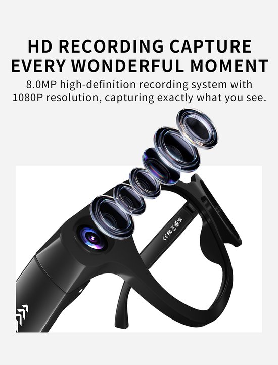 Wevelnit AI Smart Camera Bril met 8MP Camera - Bluetooth 5.3 - Open Ear Audio - AI Assistent - Live Streaming - Vertaling - USB-C Oplaadbaar - Zwart — afbeelding 4