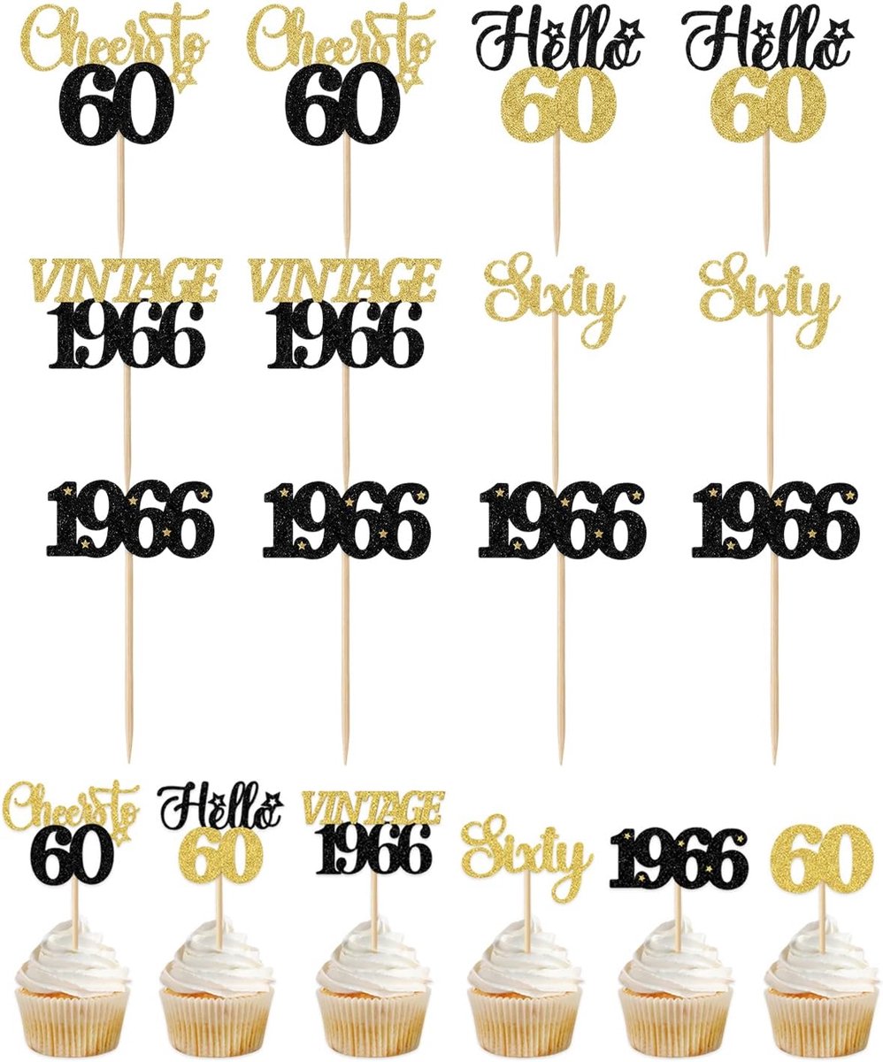 12 stuks taartdecoratie, 60e verjaardag, gouden glitter, elegante decoratie voor man en vrouw, creëert een onvergetelijk feest