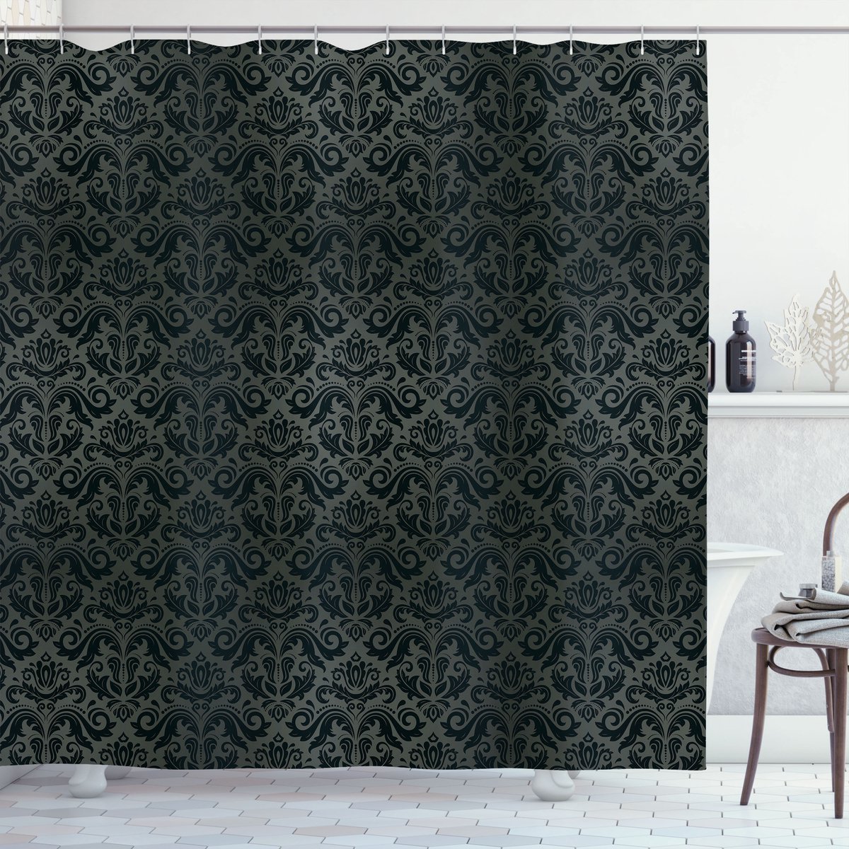 ABAKUHAUS Donkergrijs Douchegordijn, Schwarze Damast-Bloemen, Stoffen Badkamerdecoratieset met Haken, 175 x 200 cm, Zwart Grijs