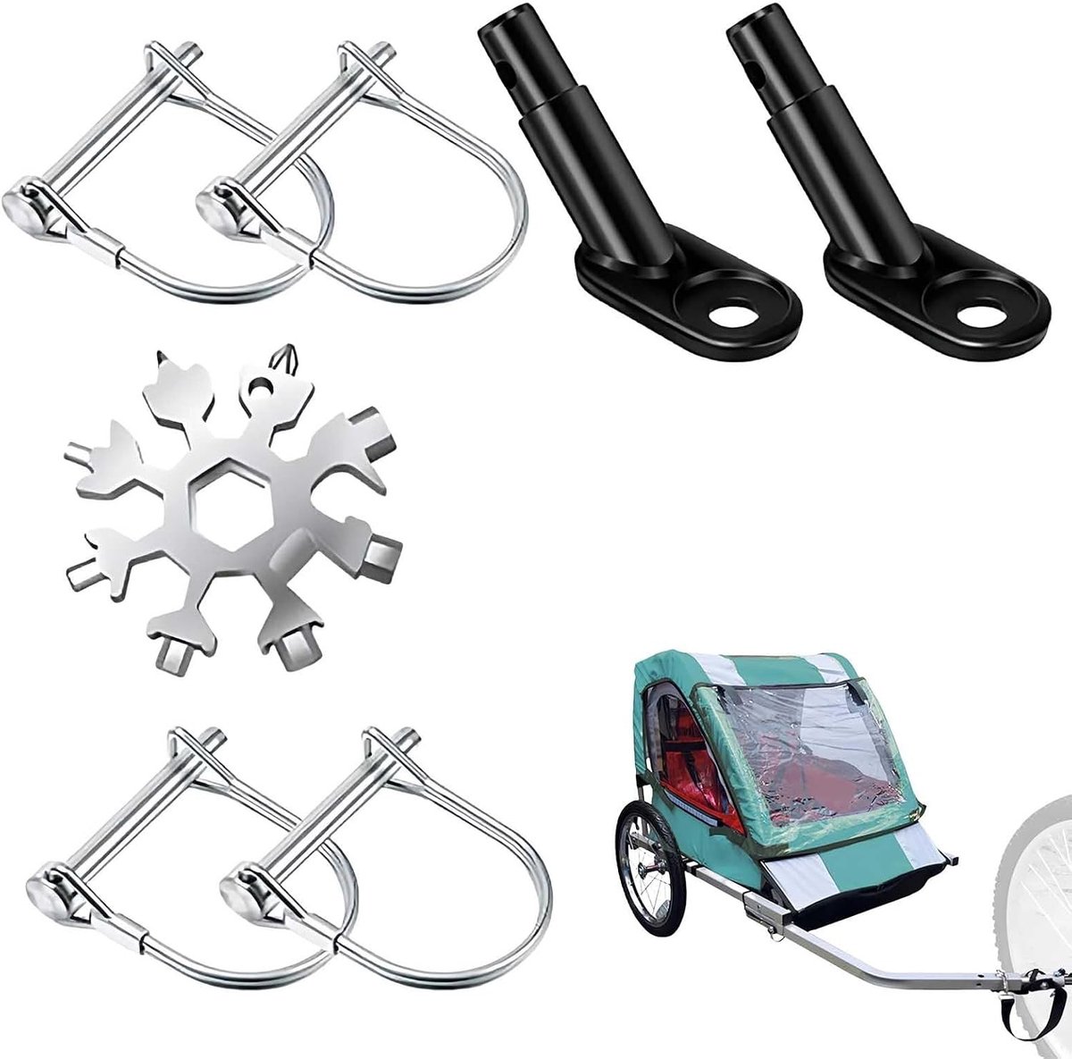 Fietsaanhangwagen Koppeling Set - 2 Stuks Fietsaanhangwagen Haak, 4 Beveiligingsbouten en Multifunctionele Snowflake Tool - Duurzaam, Veilig en Eenvoudig te Installeren voor Dagelijks Gebruik