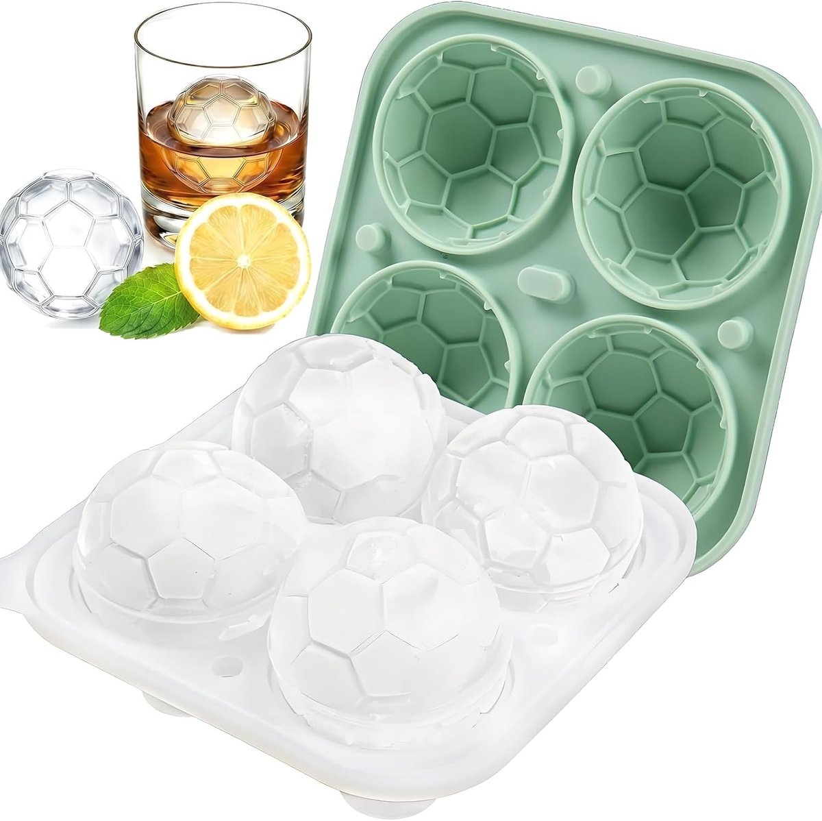 groot met deksel, siliconen ijsblokjeshouder, BPA-vrije Ice CubeTray, 3D voetbalvormige ijsblokjesvorm voor whisky, cocktails en dranken (4 stuks) (groen)