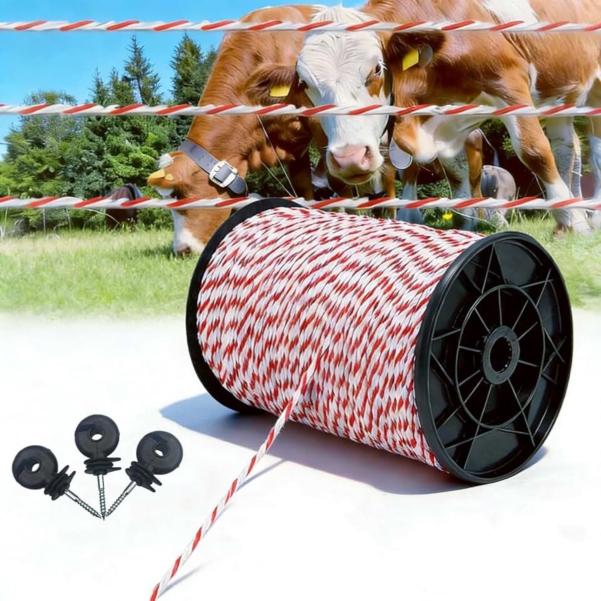 500 m, wilgenhek, 2 mm met 8 x isolatoren, wilgenhek, 6 mm x 40 mm, wit-rood, elektrisch hek voor honden, boerderij, ranch