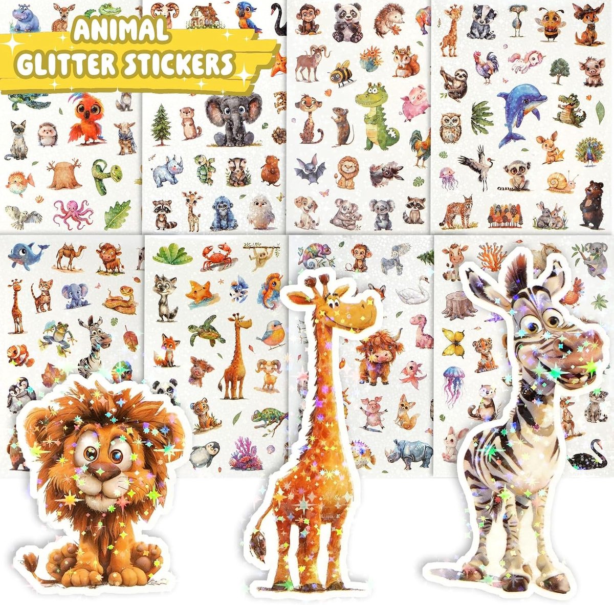 Leuke Holografische Dierlijke Sequins Stickers voor Kinderen, 8 Stuks, Perfect voor Knutselen, Dagboeken en Scrapbooking