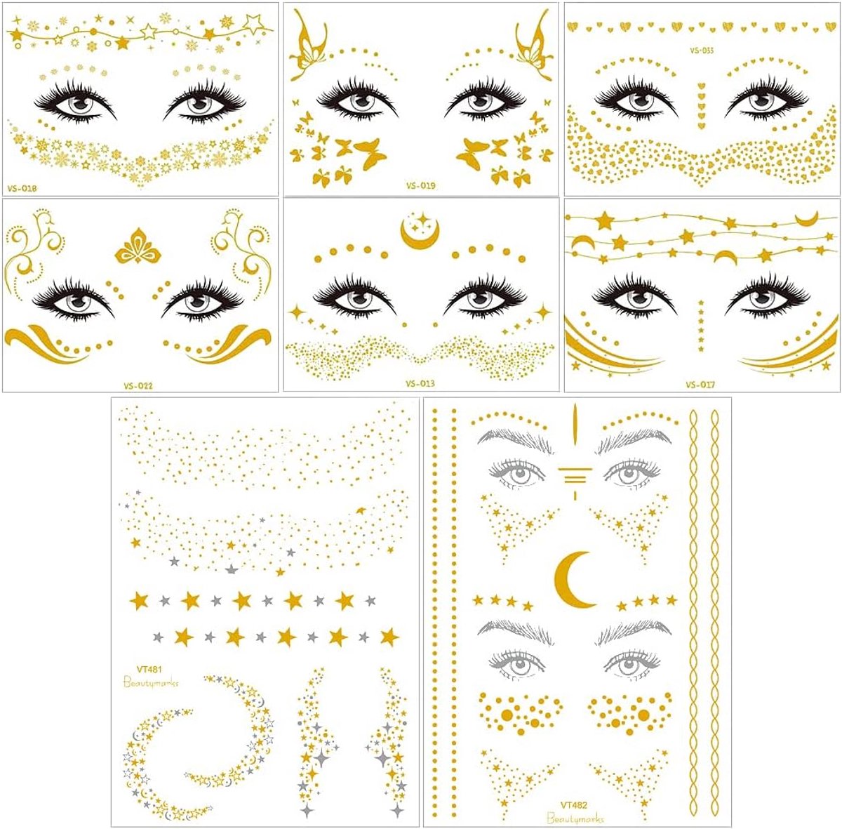 Tijdelijke tatoeages gezicht, goud, waterdichte metallic flash tatoeages stickers, glitter tattoo stickers voor ogen gezicht carnaval party shows make-up