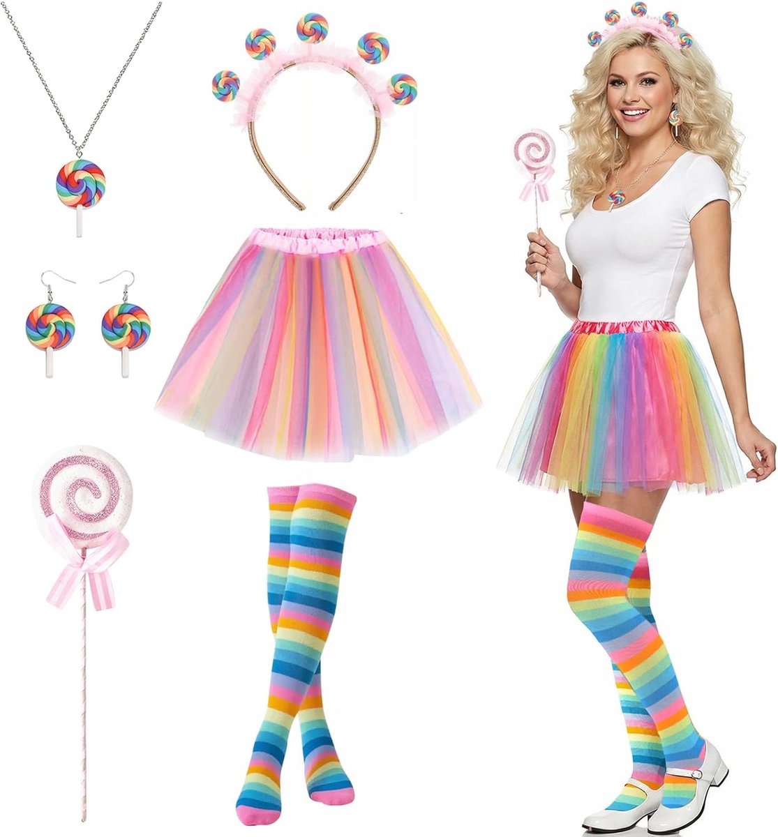 Snoep kostuums voor dames, lollipop haarband, haarsieraden, snoepset met oorbellen en halsketting, cosplay-accessoires, snoepkostuum voor carnaval, Halloween