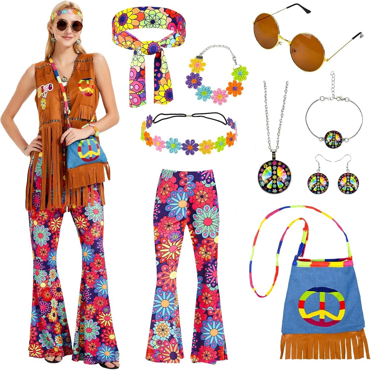 Hippiekostuum voor dames, jaren '60-jaren '70-kostuum, hippiekostuum voor dames, vest met franjes, broeken, bril en hippie-accessoires voor vettige dinsdag