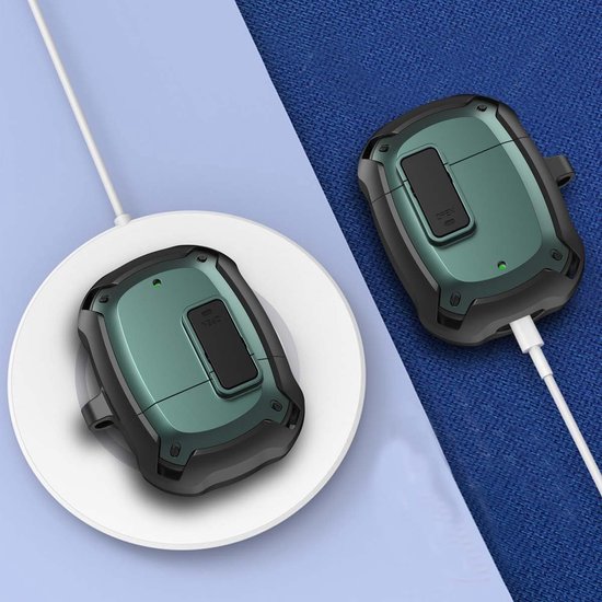 Hoesje voor Google Pixel Buds 2 - dubbellaagse bescherming met harde pc en zachte siliconen aan de buitenkant, schokbestendig, veilig slot, metalen haak, led-zichtbaarheid - zwart — afbeelding 3
