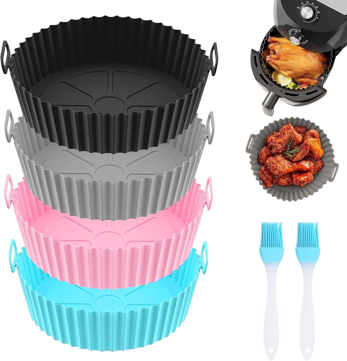 4 stuks siliconen vormen voor heteluchtfriteuse, 20 x 17 x 5 cm, siliconen vorm met 2 siliconen olieborstels, herbruikbaar siliconen inzetstuk voor heteluchtfriteuse, bakvormaccessoires voor airfryer