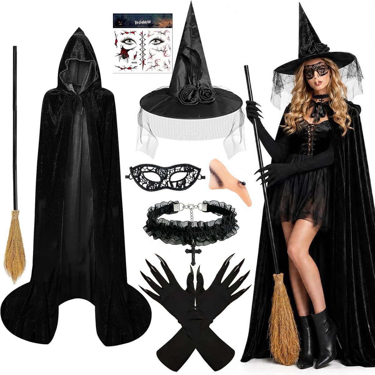Heksenkostuum voor dames, Halloween-kostuum voor dames, heksenhoed