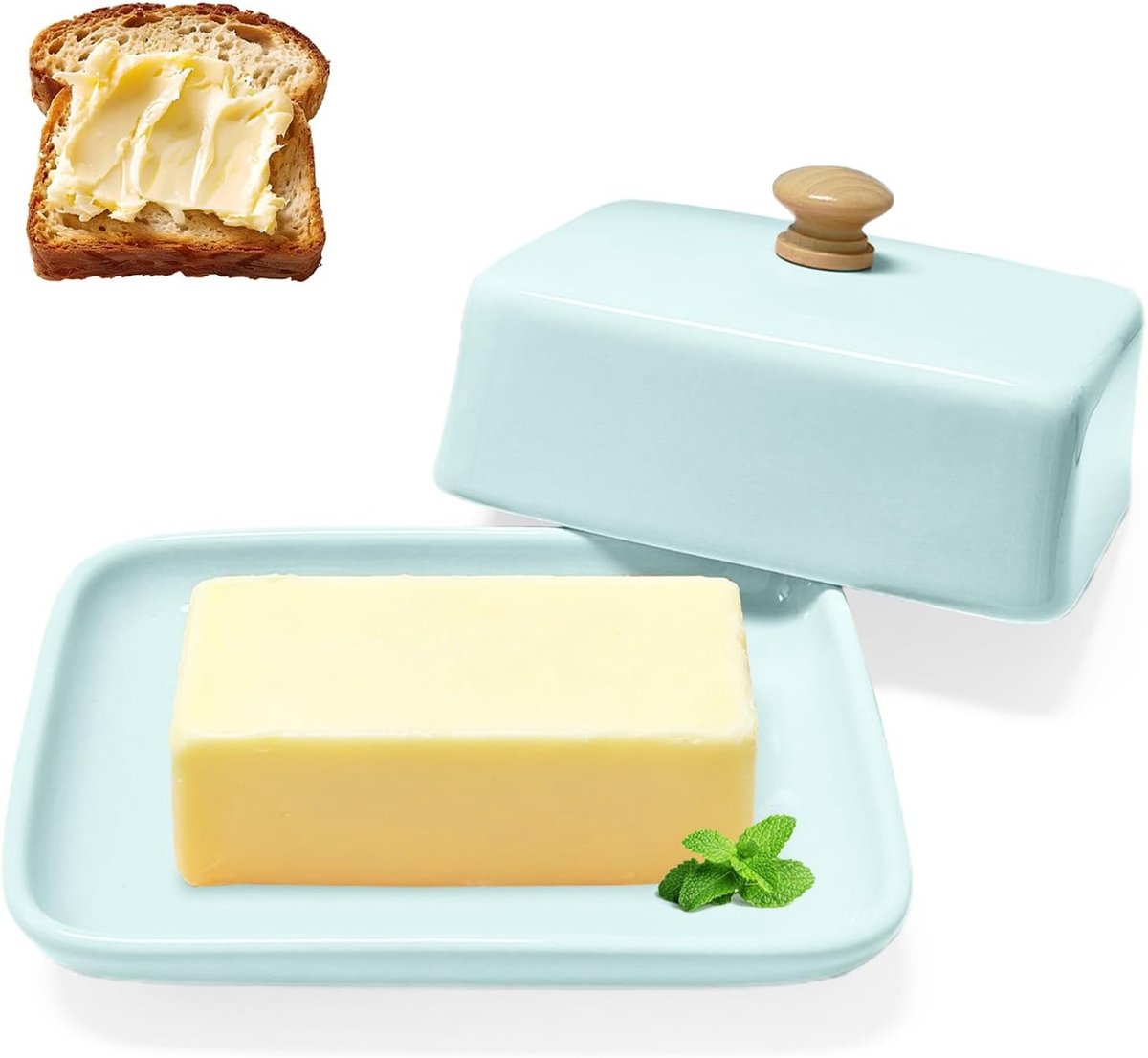Botervloot met deksel, 250 g, hooggebrande botervloot, porselein, stofbescherming en aromabescherming, botervloot voor vaatwasser, magnetron en oven (blauw)
