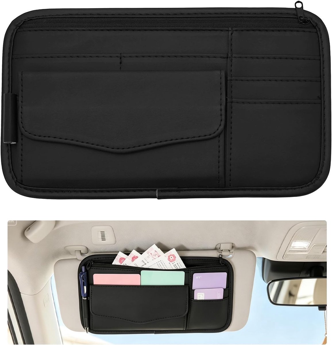 Organizer, zonneklep organizer auto, zonnebrilhouder auto, brilhouder auto van zacht leer auto organizer zwart