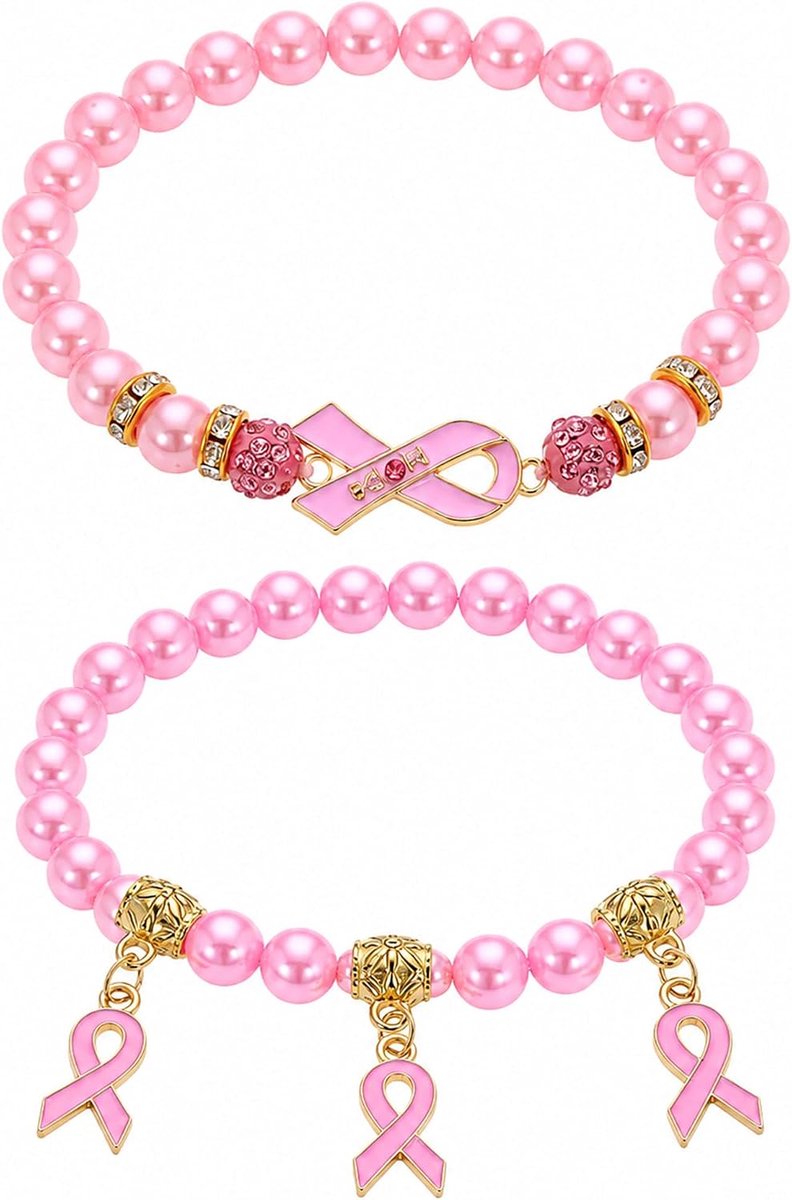 2 stuks armbanden van kunststof voor borstkanker bewustzijn met gouden achterkant, roze lint, handgemaakt, stretch, inspiratie voor bewustzijn, sieraden, cadeau