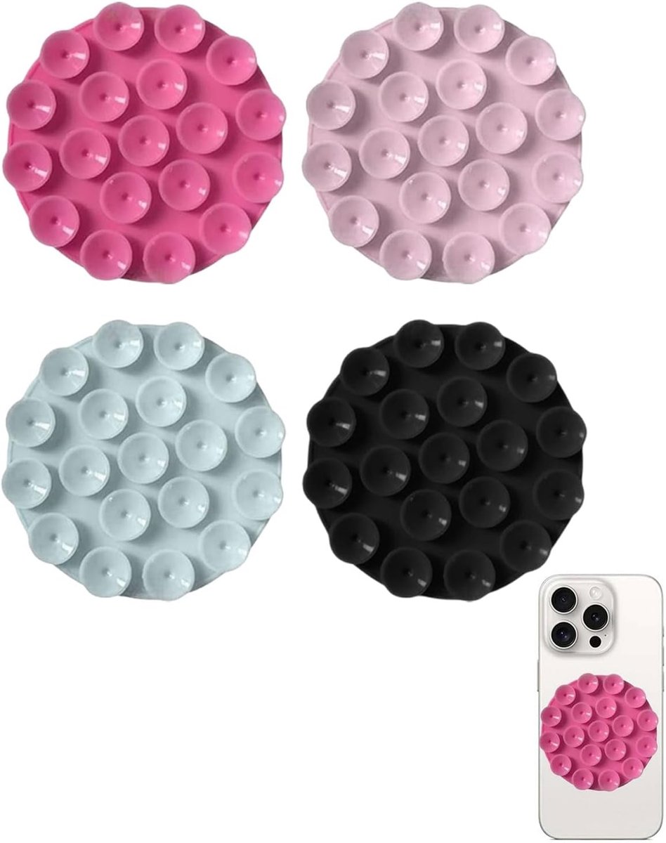 4 stuks siliconen zuignap voor mobiele telefoon, ronde zelfklevende telefoonhouder van silicoon, antislip voor mobiele telefoon, stevige houder voor selfies en video's (4 kleuren)