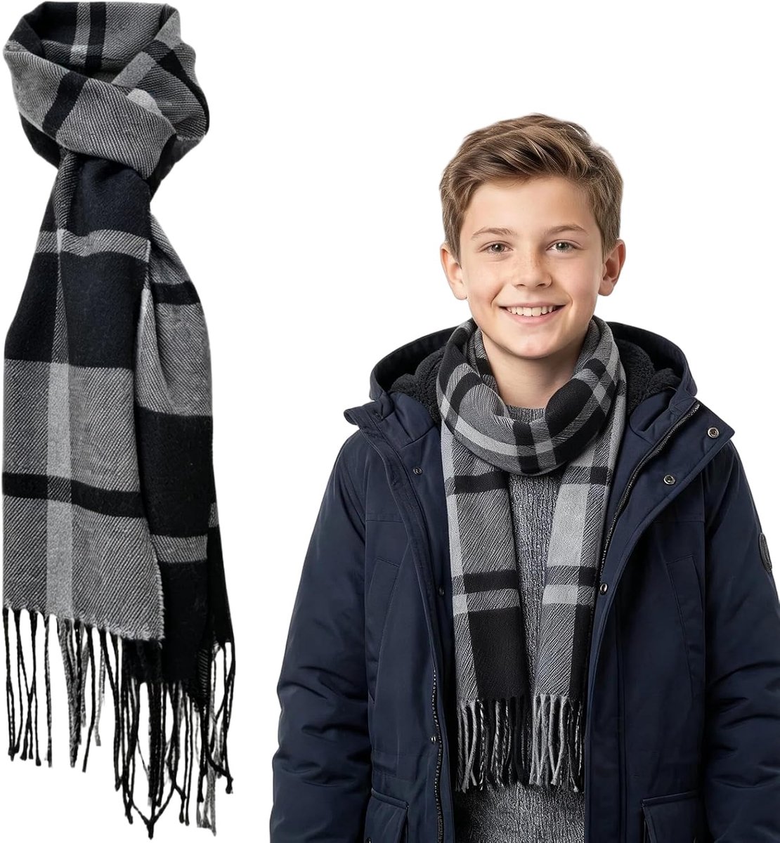 Zwarte Big Tartan Boys sjaal, warmer, winterkraag, polyester, kasjmier, zacht, voor kinderen, jongens, mannen