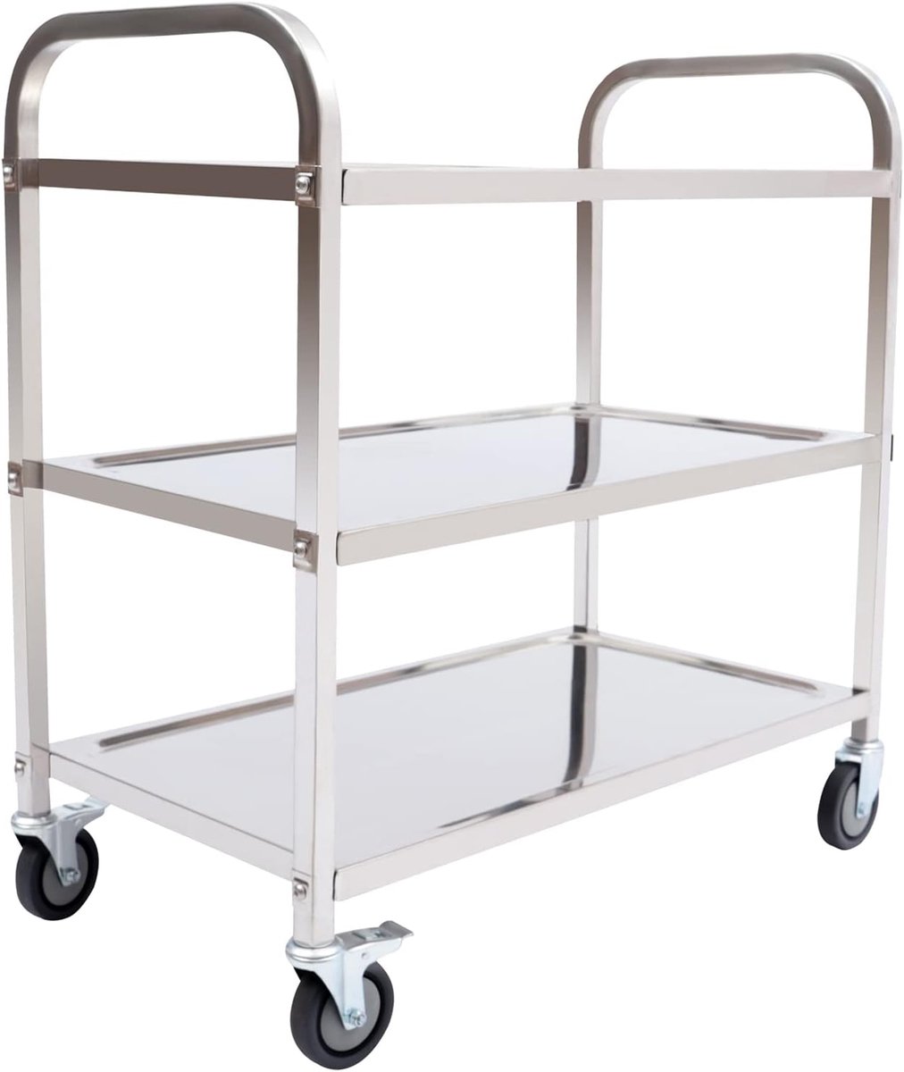 Roestvrij Staal Service Trolley Voedselwagen met rem 3 verdiepingen voor Restaurants Bibliotheken Keuken Woonkamer Zilver 85 x 45 x 90 cm