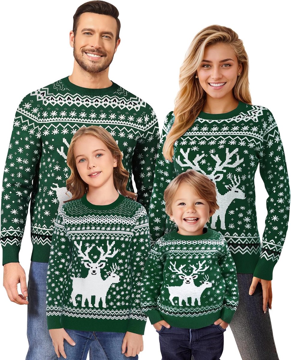 Kersttrui, voor dames, heren en kinderen, grappige kersttrui, lelijke kersttrui, met ronde hals, gebreid, met rendieren, uniseks, familieset