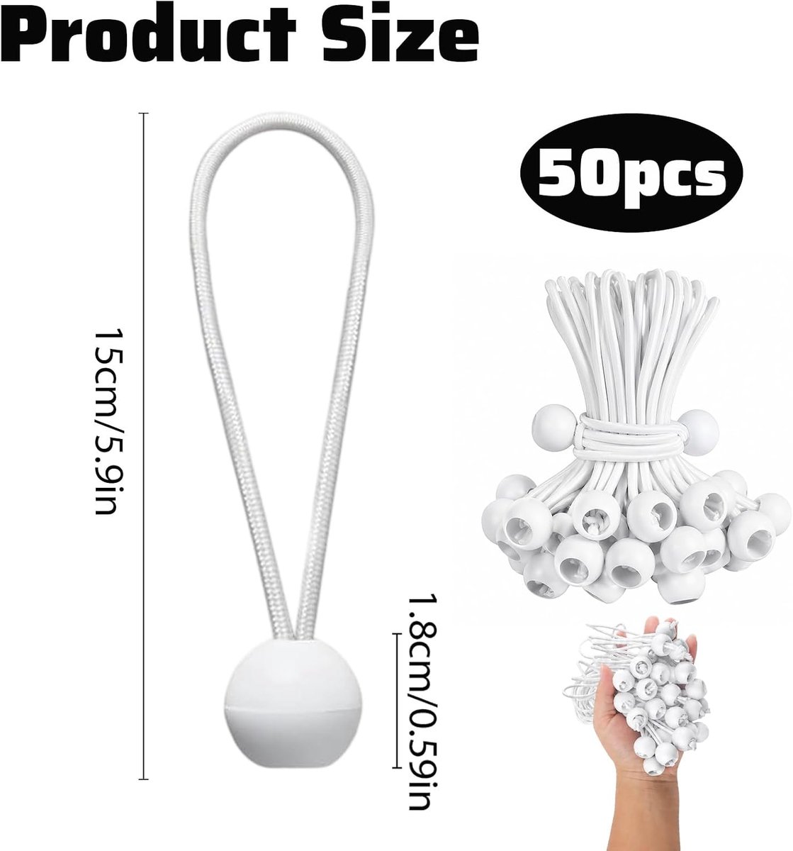 50 stuks Spangums mit Kugel 15cm, Planensspanner mit Kugel, Planensspanner Set, Planensspanners, Gummispanner, Tentspanner, Gummiseil Expander für Planen, Tenten, Bootsabdeckungen (Wit) (Wit, 15CM)