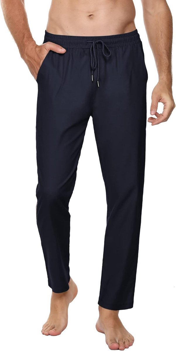 Casual herenbroek, katoen, trainingsbroek voor heren, lang, met verstelbaar trekkoord, sportbroek, elastische tailleband met zakken, marineblauw, L