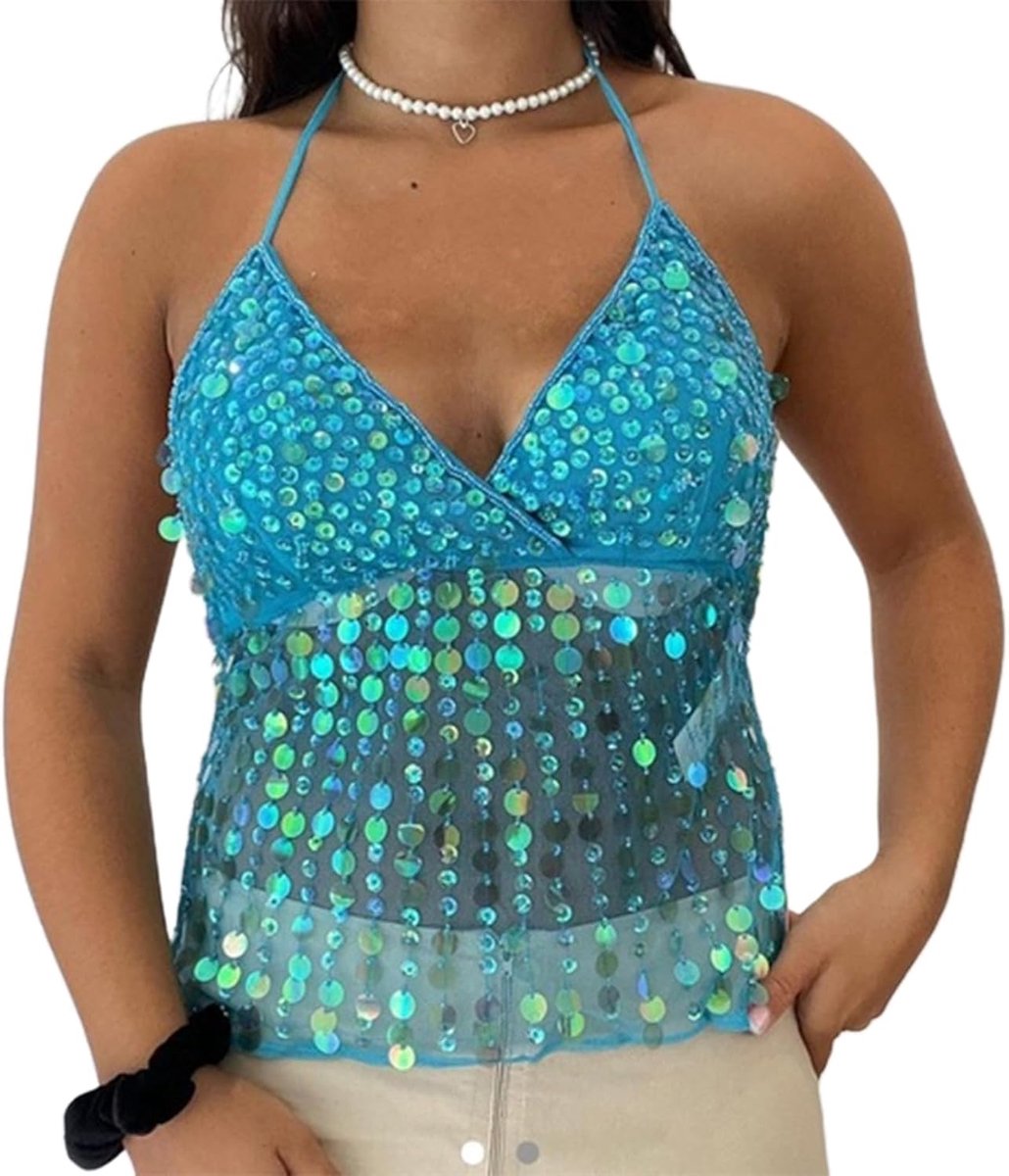 pailletten tanktop sexy glanzende pailletten top halter V-hals mouwloos voor avond disco party Y2K clubwear